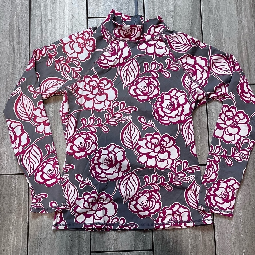 Garnet Hill Swim Rashguard Zip Mock Neck Long Sleeve Stretch Floral Women's XS